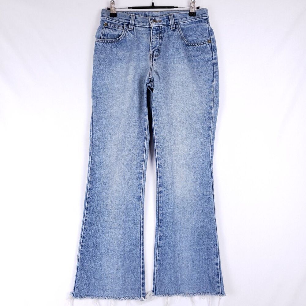 Retro 1 Jeans Women 27x28 Blue Faded Denim Flare Leg Raw Hem Cotton Casual Y2K